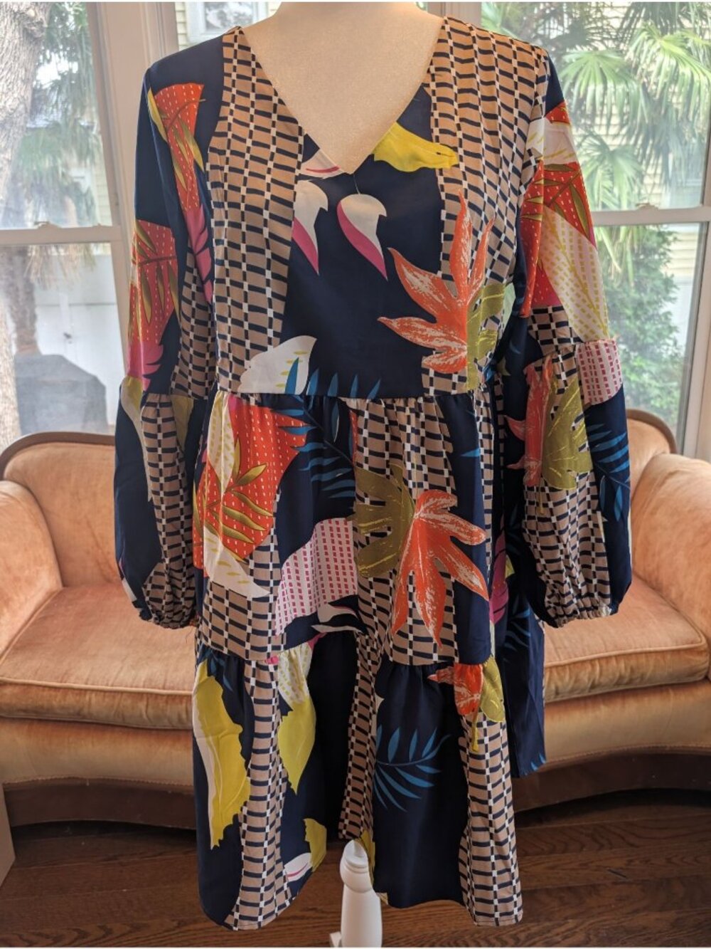 Vibrant V-Neck Casual Loose Tunic Swing Dress Size M Bohemian Lagenlook Summer